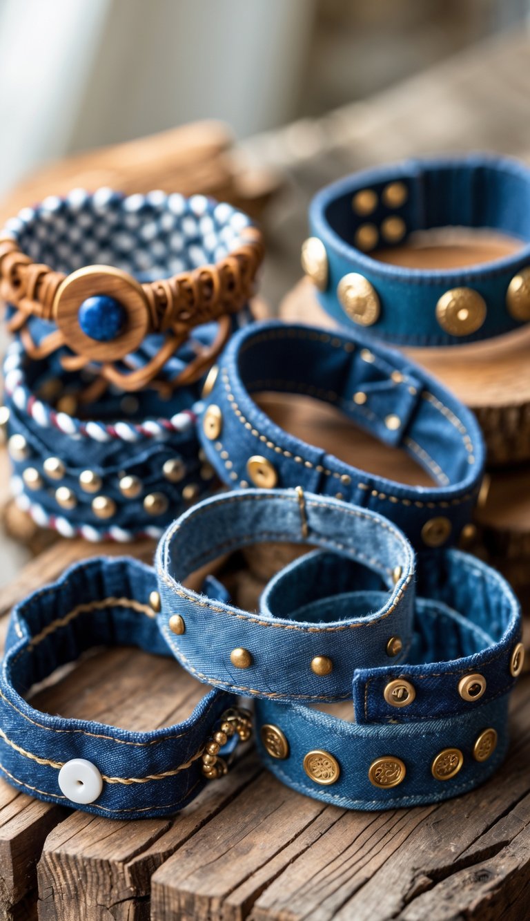 A collection of denim fabric bracelets made from blue jeans displayed on a wooden surface.